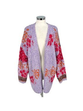 Altar'd State Casey Purple Floral Open Front Fuzzy Cardigan Sweater Size Small